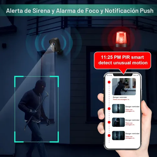 Miniatura 4 de Cámaras de seguridad inalámbricas para exteriores, 2K alimentadas por batería con detección de movimiento AI, foco, alarma de sirena, WiFi, cámara