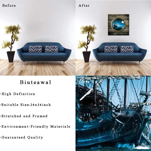 Miniatura 6 de Biuteawal - Lienzo con vista nocturna de luna llena, vista de ventana del océano, arte de pared, barco de vela, pintura de paisaje marino, obras