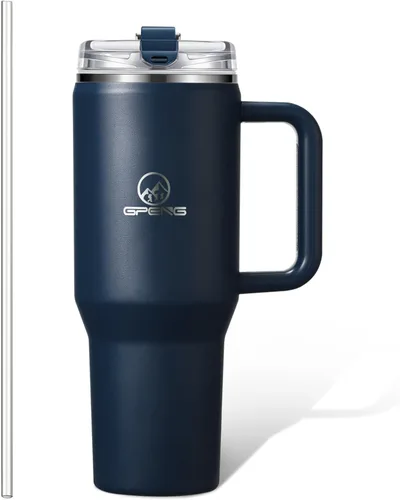 Miniatura 14 de Gpeng 30/40/50 oz Vaso con asa, botellas de agua con tapa de popote, taza de viaje de acero inoxidable aislada compatible con portavasos, mantiene