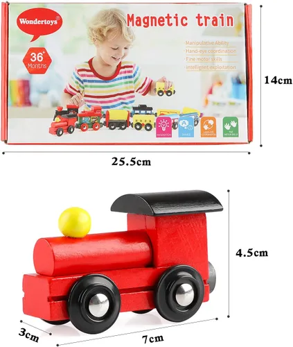 Miniatura 5 de Wondertoys Juego de 12 trenes magnéticos de madera, incluye 3 motores y bolsa de almacenamiento, juego de tren de madera para niños pequeños