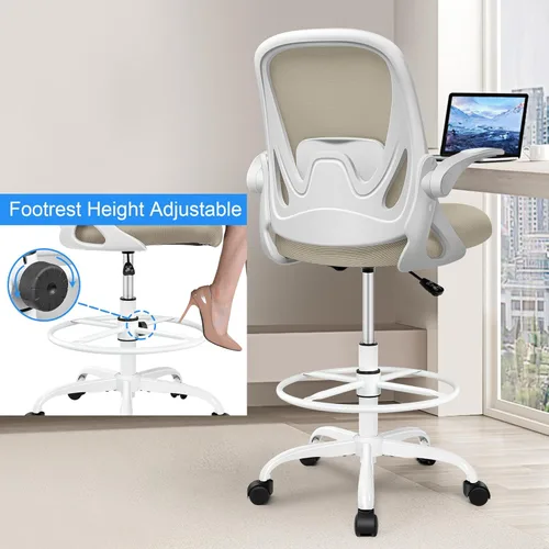 Miniatura 4 de Silla de dibujo alta de oficina con reposabrazos abatibles, altura ajustable y soporte lumbar mejorado, taburete ergonómico rodante, soporte de Caqui