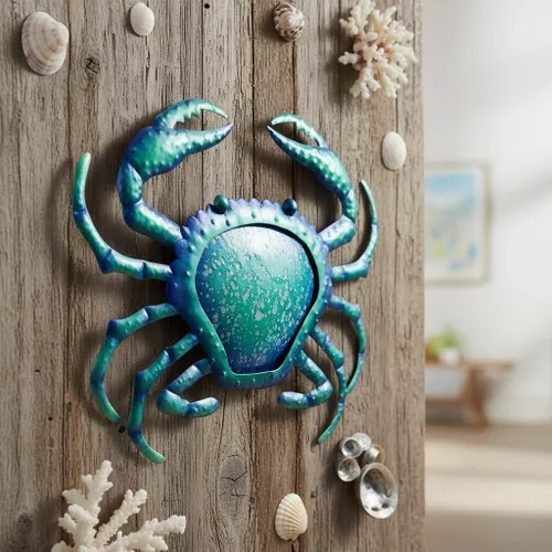 Miniatura 2 de Comfy Hour Decoración de pared de cangrejo de metal azul de 12 pulgadas, escultura temática náutica del océano, arte costero decorativo para playa