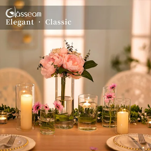 Miniatura 4 de Glasseam Jarrón cilíndrico de vidrio transparente, 6 jarrones de cristal para centros de mesa, pilar moderno de huracán o portavelas flotante