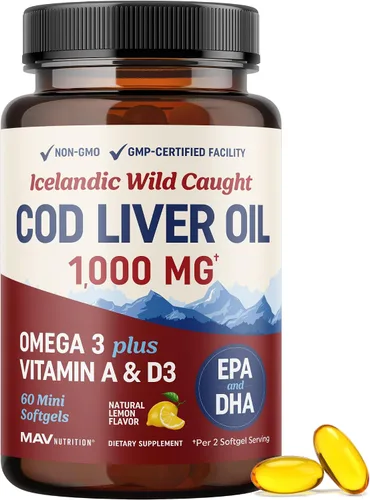Cápsulas blandas de aceite de hígado de bacalao de 1000 mg | Omega 3 + vitamina A y D3 | Aceite de hígado de bacalao capturado en la naturaleza, de
