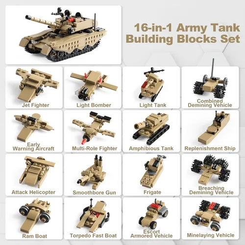 Miniatura 5 de Army Tank - Juego de bloques de construcción compatible con Lego, 517 piezas de juguete militar para niños, construye 1 tanque o 16 mini modelos
