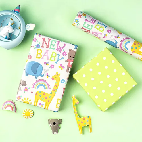 Miniatura 5 de WRAPAHOLIC - Papel de regalo reversible para baby shower de 30 pulgadas x 33 pies - Diseño de animales y nuevo bebé para baby shower neutral, New