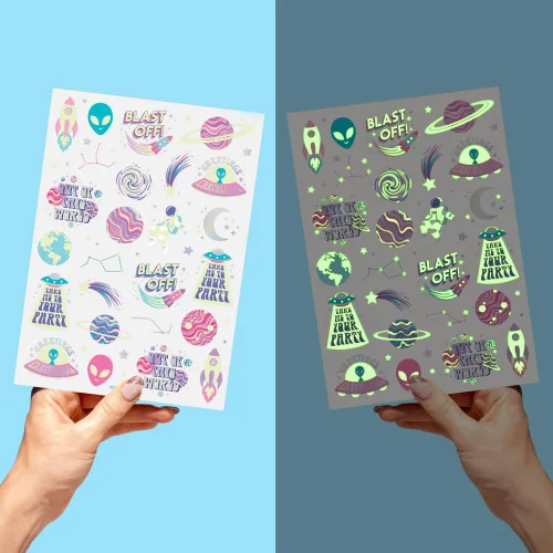 Miniatura 5 de xo, Fetti Space + Planets - Tatuajes temporales que brillan en la oscuridad para niños, 50 piezas, suministros de fiesta de cumpleaños