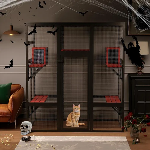 Miniatura 9 de Nyeekoy Refugio de gato al aire libre de madera grande de 71 pulgadas con perchas y condominios, casa para gatos con techo impermeable, refugio