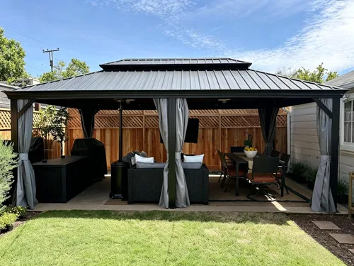 Miniatura 17 de YITAHOME Cenador de techo duro de 10x10 pies con redes y cortinas, acero galvanizado de doble techo resistente combinado con techo de rayas Gris