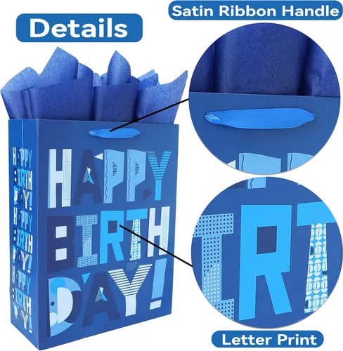 Miniatura 4 de wishinside Juego de bolsas de regalo azules extragrandes de 16.5" con tarjeta de felicitación y papeles de seda (Feliz cumpleaños azul) para fiestas