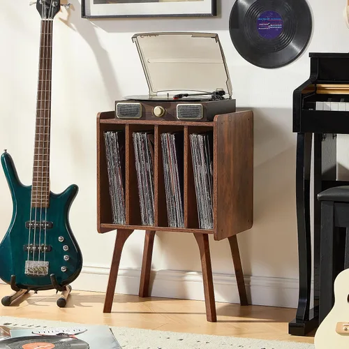 Miniatura 8 de LELELINKY Soporte para tocadiscos, mesa de almacenamiento de discos de vinilo con 4 gabinetes de hasta 100 álbumes, soporte para tocadiscos