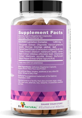 Miniatura 8 de Eu Natural Suplemento nutritivo para lactancia, apoyo posparto para un flujo y producción de leche saludables, cápsulas de fenogreco para mujeres