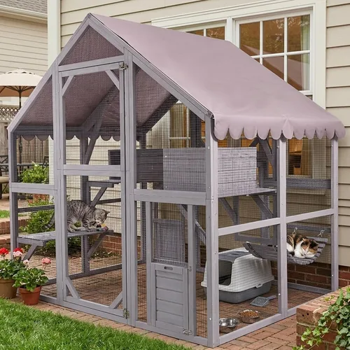 Miniatura 5 de Gran recinto para gatos Catio al aire libre, resistente a la intemperie, con techo impermeable, múltiples plataformas, hamaca para cueva de gato