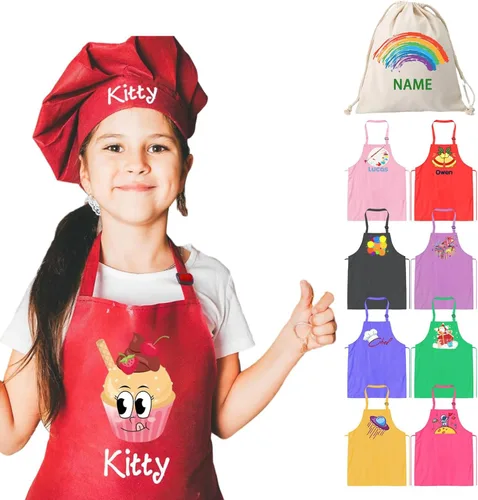 Juego de delantal personalizado y sombrero de chef con nombre personalizado para niños y sombrero de chef ajustable para cocinar, hornear, cocina,