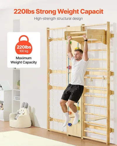 Miniatura 5 de VEVOR Escalera Sueca de Pared para Gimnasio, 9-en-1 Barras de Gimnasia de Madera Sólida de 12 Niveles para Niños y Adultos, Gimnasio de Selva