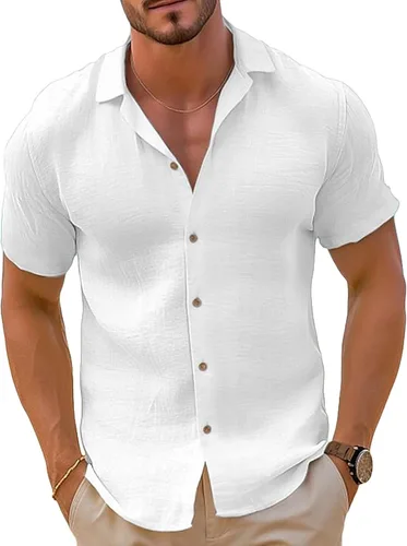 Miniatura 8 de Camisa de guayabera cubana para hombre, estilo casual, con botones, de manga corta, para verano, playa, hippie, color sólido, tops de trabajo