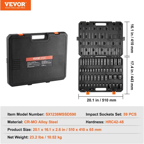 Miniatura 7 de VEVOR Juego de Llaves de Impacto 3/8" y 1/2", Juego de Llaves 59 Piezas SAE 5/16" a 1-1/4" y Métrico 6-32mm, Acero de Aleación Cr-Mo de 6 Puntos