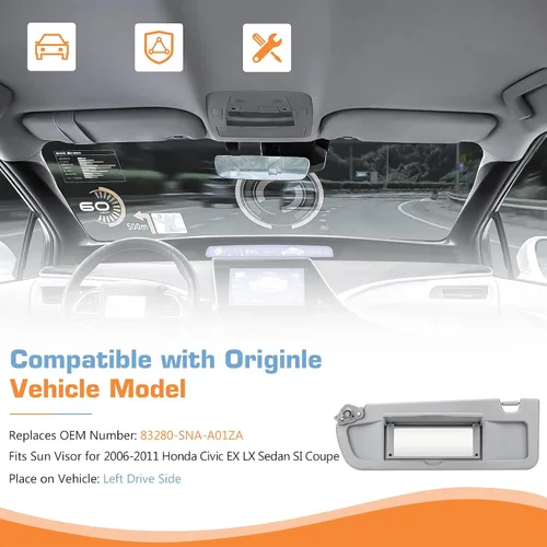 Miniatura 2 de Visera solar del lado del conductor izquierdo para Honda Civic 2006 2007 2008 2009 2010 2011 EX LX Sedan SI Coupé, repuesto 83280-SNA-A01ZA, gris