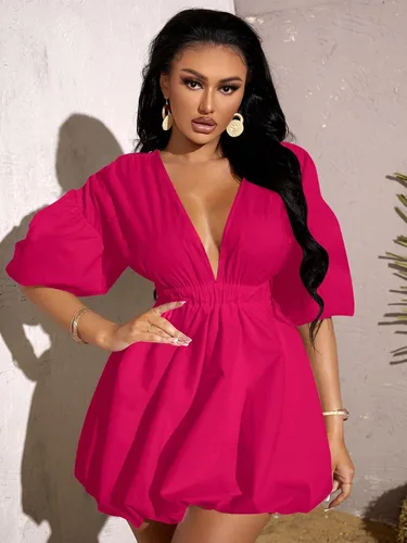 Miniatura 5 de WDIRARA Vestido de cintura elástica con cuello en V profundo y manga abombada para mujer
