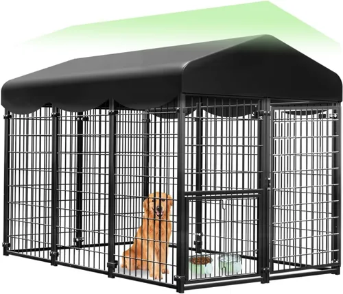 Miniatura 10 de Perrera para Perros al Aire Libre 4x4.2x4.5 pies, Perrera Exterior para Perros con Techo, Perreras Grandes para Perros con Puerta Giratoria y 2
