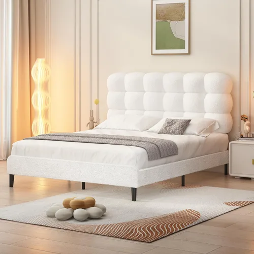 Miniatura 17 de Base de cama individual BarnFurin, cama plataforma con cabecero tapizado, base de cama de tela de bouclé suave con soporte de listones de madera