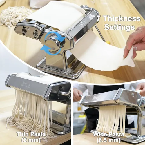 Miniatura 6 de Máquina para hacer pasta con 7 ajustes de grosor ajustables, máquina manual de fideos de acero inoxidable, rodillo de pasta y cortadores con mango