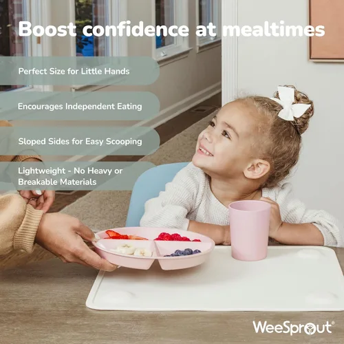 Miniatura 3 de WeeSprout platos divididos de bambú y melamina para niños - Juego de 4 vajillas para niños pequeños, grado alimenticio, seguro para niños con diseño