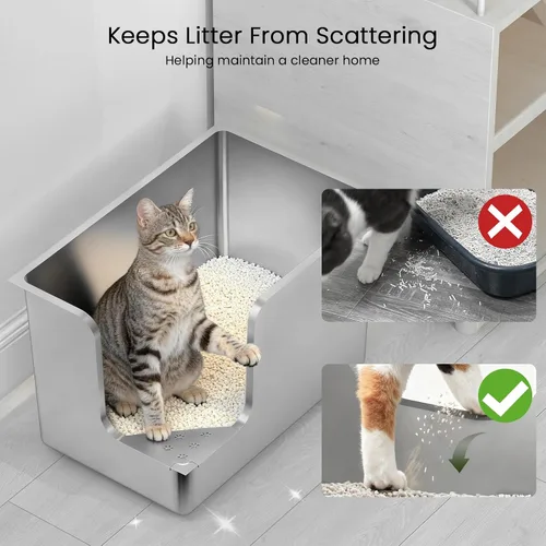 Miniatura 7 de Caja de arena de acero inoxidable de 11.8 pulgadas de alto, caja de arena de metal XL para gatos, inodoro para mascotas con apertura de esquina