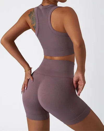 Miniatura 70 de Conjuntos de entrenamiento para mujer, 2 piezas, sin costuras, acanalada, sin mangas, brasier deportivo, cintura alta, pantalones cortos