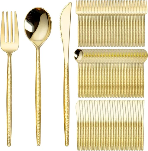 Miniatura 7 de SUT 150 piezas de cubiertos de plástico dorado, utensilios de plástico, cubiertos dorados desechables, utensilios desechables resistentes, juego