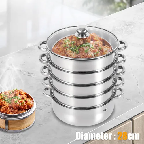 Miniatura 8 de Cocina de vapor de acero inoxidable de 5 capas, vaporizador de 11 pulgadas para cocinar alimentos, tapa de vidrio, adecuada para tamales, verduras