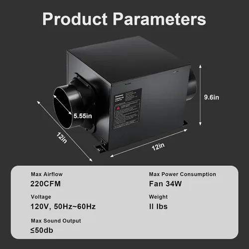Miniatura 3 de GROWNEER - Ventilador de escape de baño en línea de 15 cm, ventilador de ventilación de 220 CFM con control remoto, ventilador de techo de 5