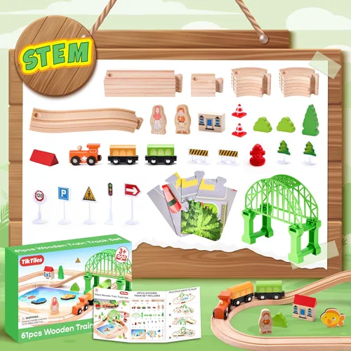 Miniatura 4 de Juego de tren de madera de 61 piezas para niños pequeños de 3 a 8 años, pista de tren expandible de doble cara con rompecabezas y juguetes de pesca