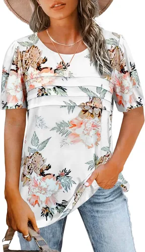 Miniatura 25 de JomeDesign - Camisetas casuales de verano para mujer, manga corta, cuello redondo, manga abullonada