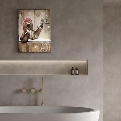 Miniatura 3 de Bonito oso para decoración de baño, arte de pared divertido con estampado de oso de casa de campo, pintura decorativa de pared enmarcada moderna