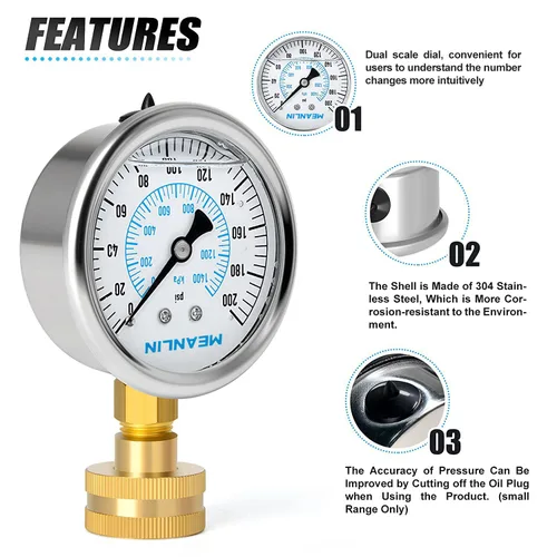 Miniatura 4 de MEANLIN MEASURE 0~200 Psi Manómetro de acero inoxidable, esfera con cara de 2.5 pulgadas, 3/4" hembra, relleno de líquido, presión de agua, aceite
