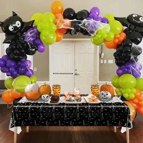 Miniatura 7 de 3 manteles desechables de Halloween con diseño de calavera y esqueleto, de plástico, color negro, rectangular, de vinilo, para decoración de fiestas