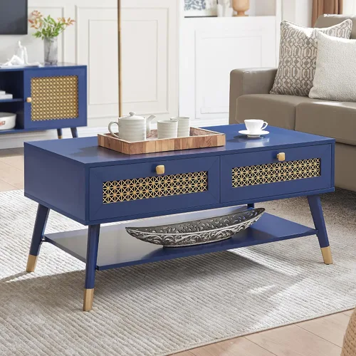 Miniatura 11 de Mesa de centro negra moderna de mediados de siglo con cajones de almacenamiento y estante abierto, mesa rectangular bohemia de madera maciza