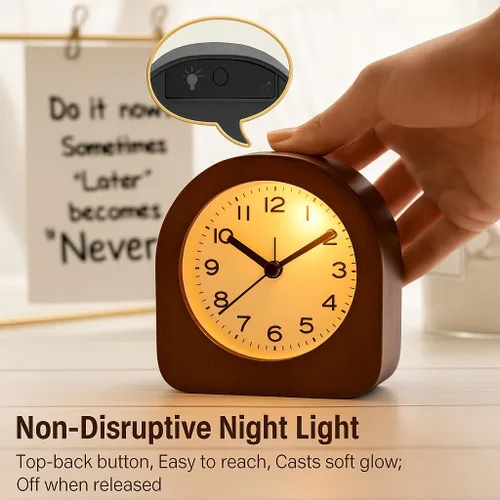 Miniatura 3 de Reloj despertador analógico vintage de madera maciza, funciona con pilas, con luz nocturna no interrumpida, reloj despertador sin tictac con botón