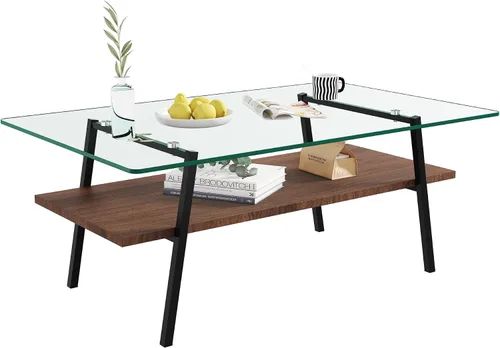 Miniatura 5 de Mesa auxiliar de cristal para sala de estar, mesa de centro de 2 niveles de mediados de siglo, mesa central con parte superior de vidrio templado