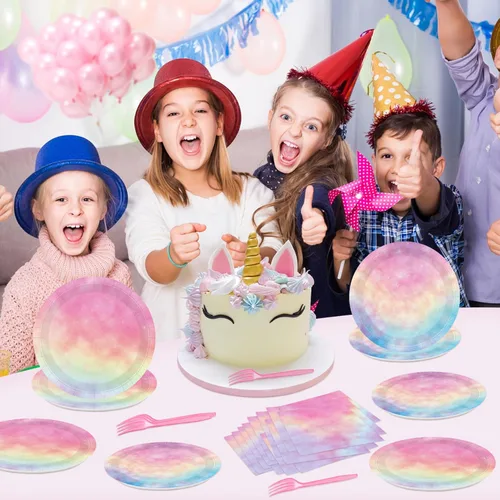 Miniatura 3 de 96 piezas de platos y servilletas de fiesta arcoíris pastel - Decoraciones de cumpleaños pastel