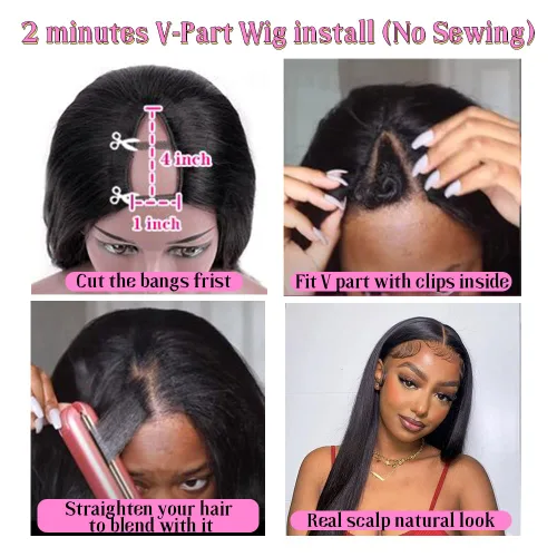 Miniatura 5 de CHEETAHBEAUTY Pelucas con camino en V de cabello humano de 10 pulgadas sin dejar salir el encaje frontal; mejora de las pelucas con camino en U