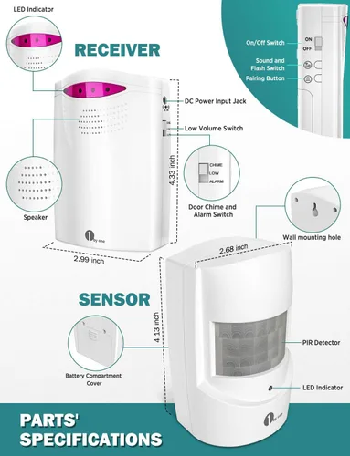 Miniatura 6 de Alarma de entrada inalámbrica para exteriores, alarma con sensor de movimiento 1byone de 1000 pies de alcance con campanillas extra fuertes, sistema