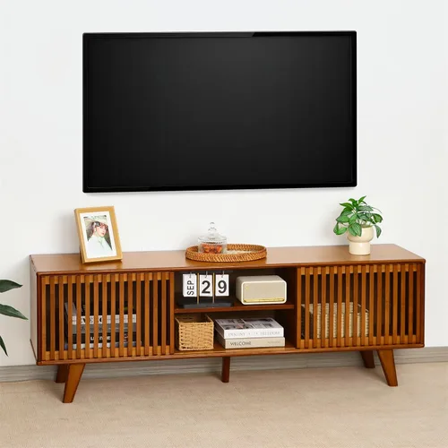 Miniatura 10 de Soporte de TV de bambú para televisores de hasta 65 pulgadas, centro de entretenimiento con almacenamiento, mesa consola multimedia con estante