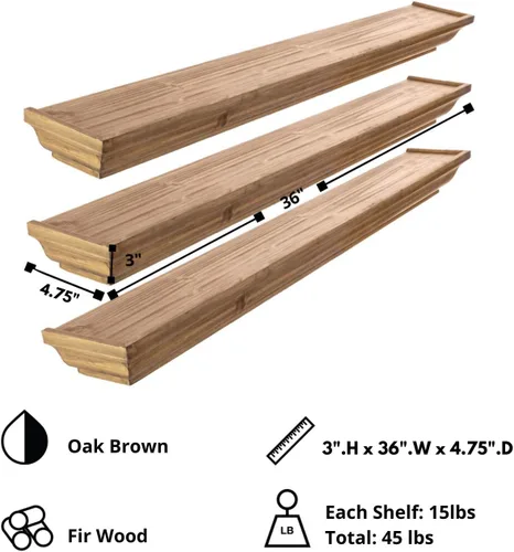 Miniatura 7 de Kiera Grace Muskoka Fitz - Estantes flotantes de madera, juego de 3, tamaños de 36 pulgadas, nogal natural, perfectos para mostrar preciosos marcos