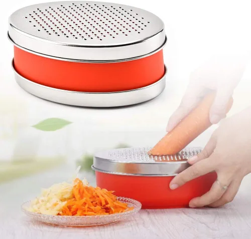 Miniatura 6 de Rallador de queso con recipiente y tapa, juego de caja de rallador de acero inoxidable, 7.09 x 2.76 pulgadas, rojo, 2 cuchillas, rallador de cocina