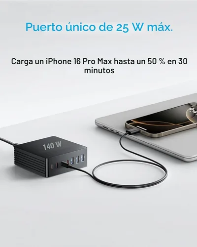 Miniatura 6 de Estación de carga USB C, estación de carga rápida GaN III de 7 puertos de 140 W, estación de carga USB PD 3.0 para múltiples dispositivos