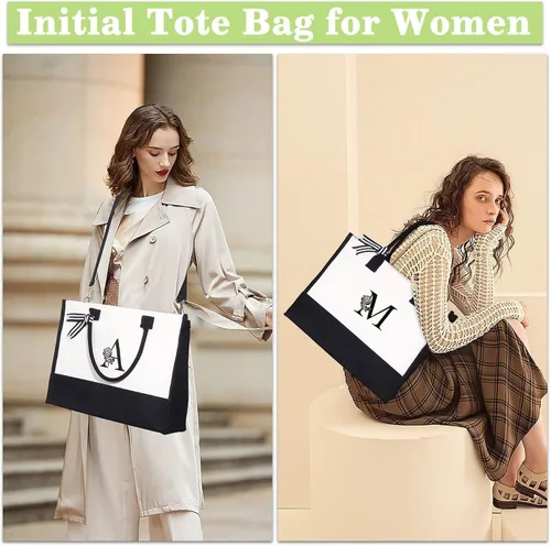 Miniatura 3 de YOOLIFE Bolsa de lona personalizada con inicial con bolsa de maquillaje, bolsa de playa con cremallera correa ajustable, regalos de cumpleaños