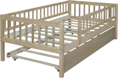 Miniatura 5 de Cama Montessori de tamaño individual para niños pequeños, sofá cama de madera con valla y nido, marco de cama baja con rieles para niños y niñas
