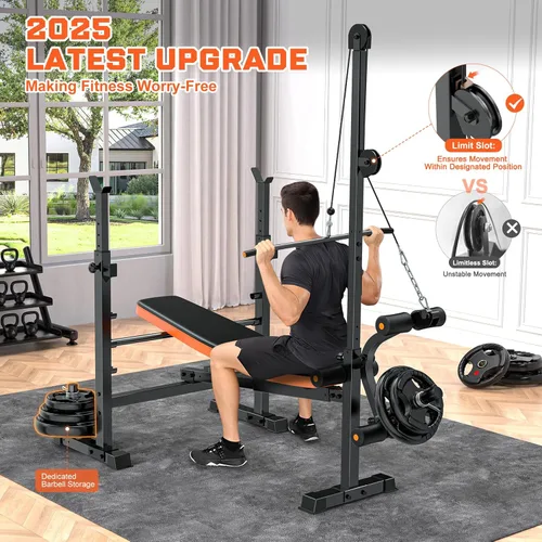 Miniatura 4 de Fostoy 880lbs Weight Bench Set with LAT Pulldow, Bench Press Rack with Leg Extension/Curl and Preacher Curl, 8 in 1 Olympic Weight Benches for Home